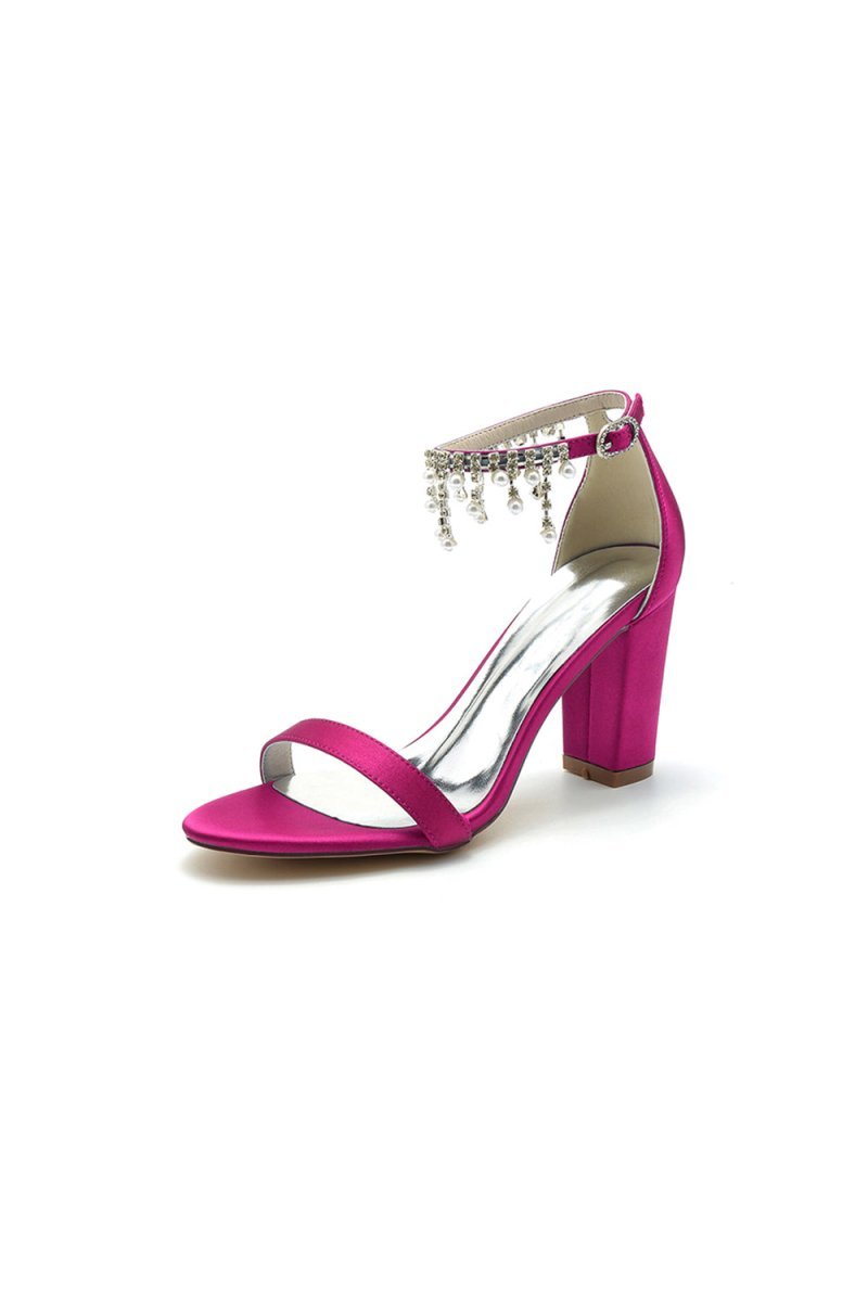 Open Toe Block Heels with Rhinestone Tassel - BOLODOO