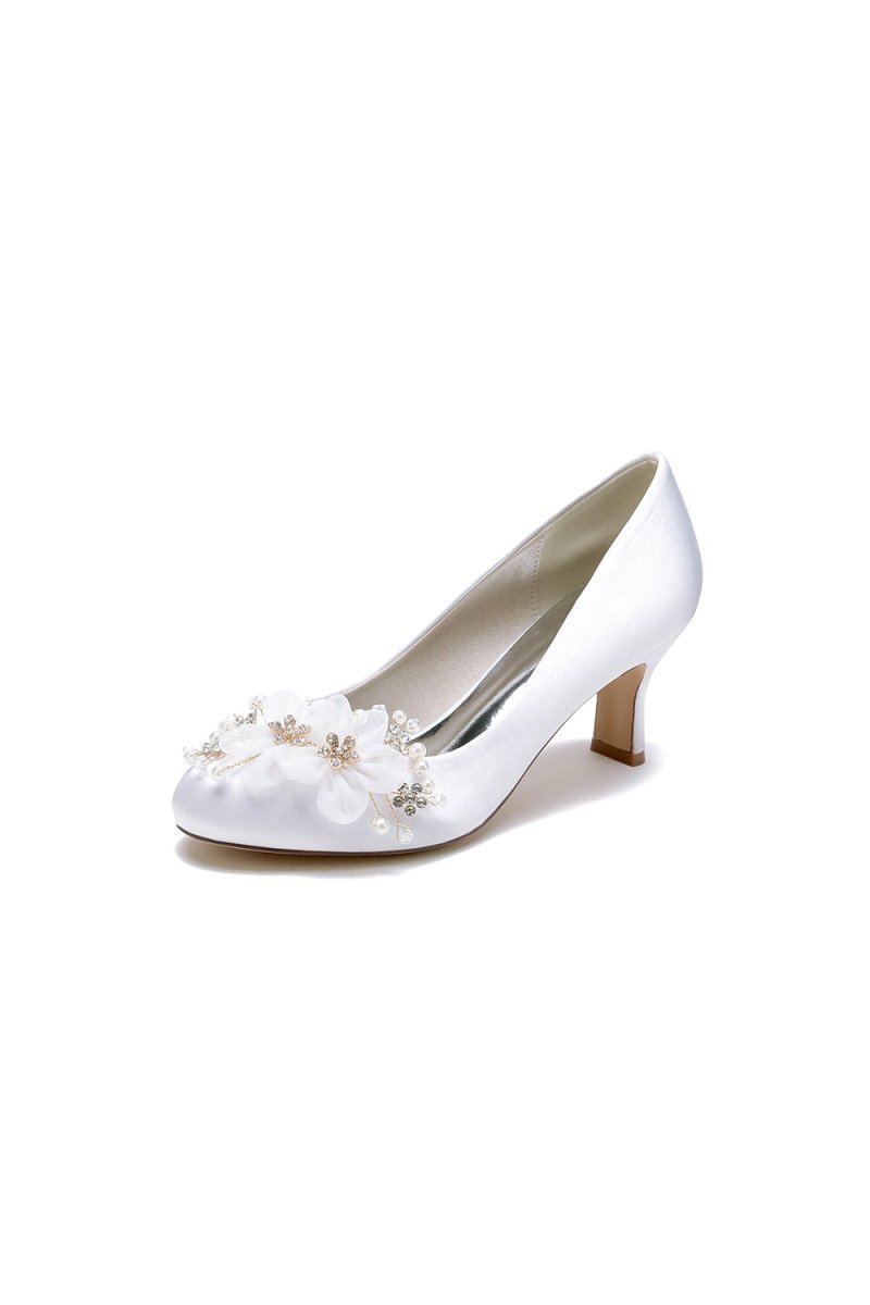 Rhinestone White Chunky Heels with Flower - BOLODOO