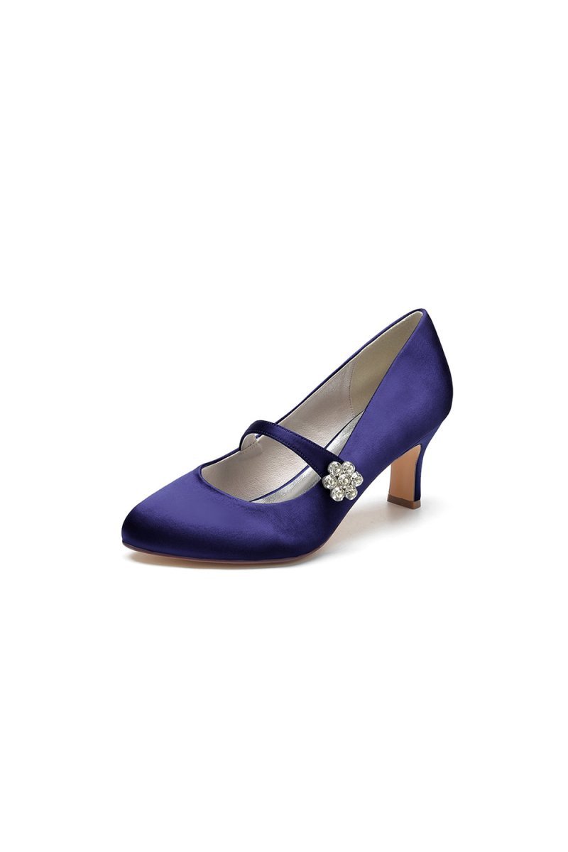 Round Toe Crystal Buckle Strap Chunky Heels - BOLODOO
