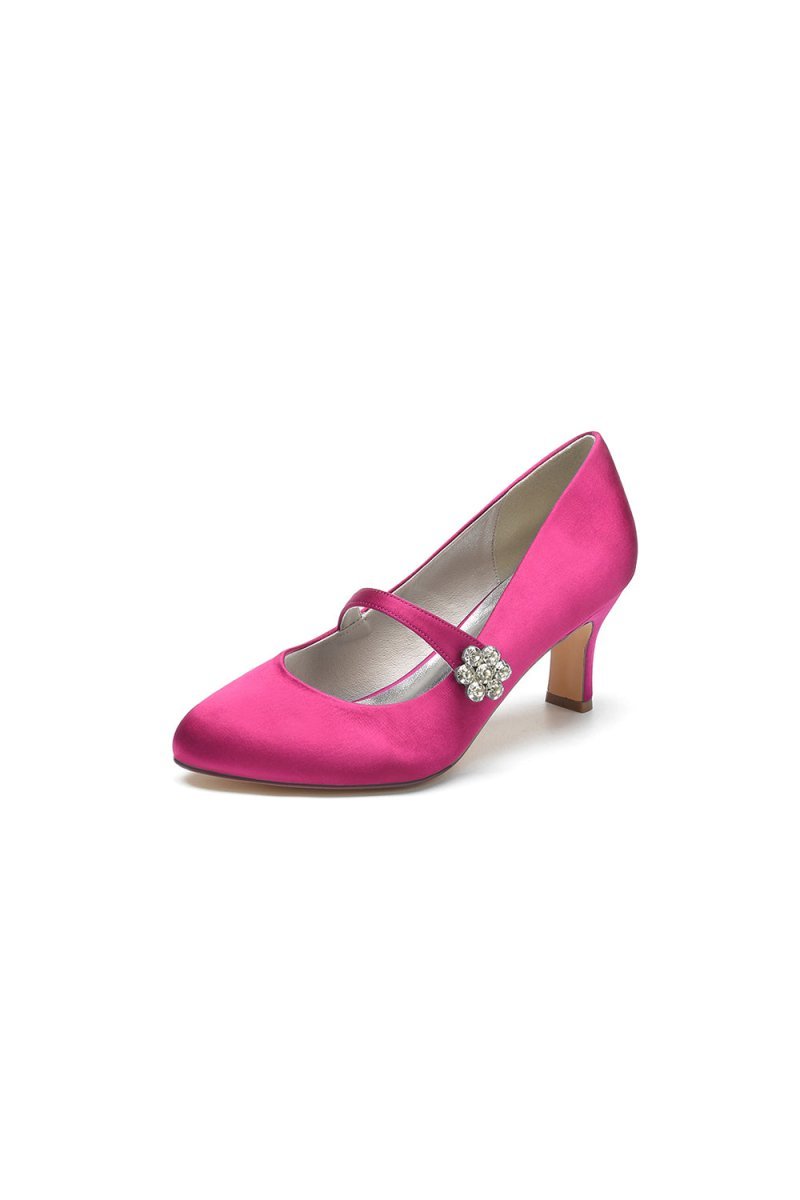 Round Toe Crystal Buckle Strap Chunky Heels - BOLODOO