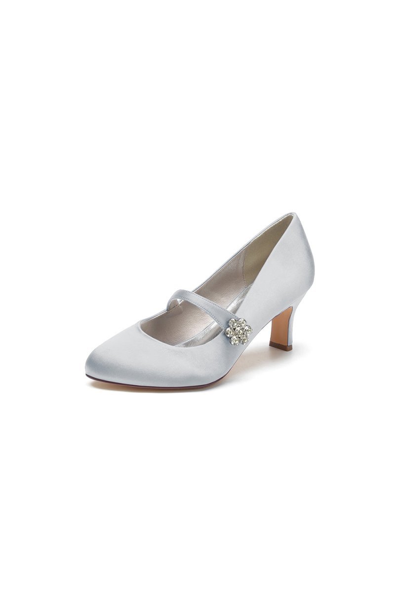 Round Toe Crystal Buckle Strap Chunky Heels - BOLODOO