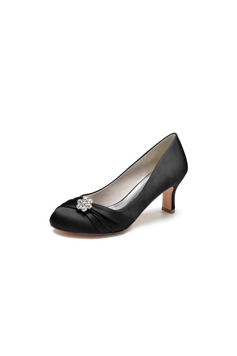 Round Toe Crystal Flower Chunky Heels - BOLODOO