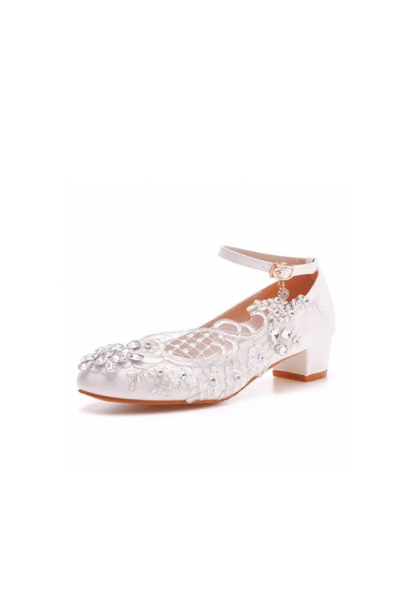 Round Toe Lace Rhinestones Ankle Strap Chunky Heel Wedding Shoes - BOLODOO