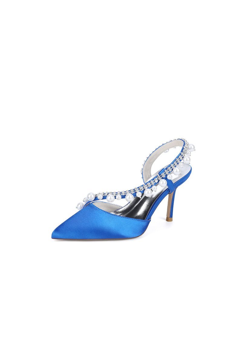 Royal Blue High Heels with Pearl and Crystal Embellishments Description - BOLODOO