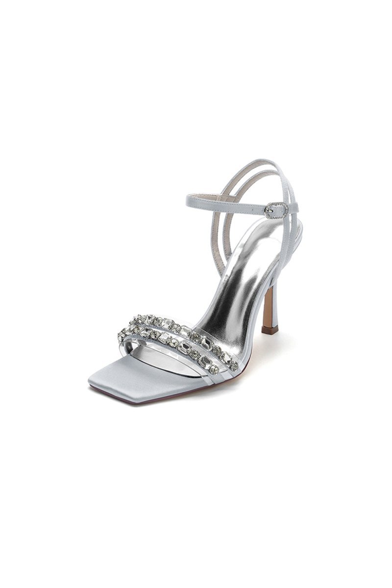 Royal Blue Satin Heels with Double Crystal Straps - BOLODOO