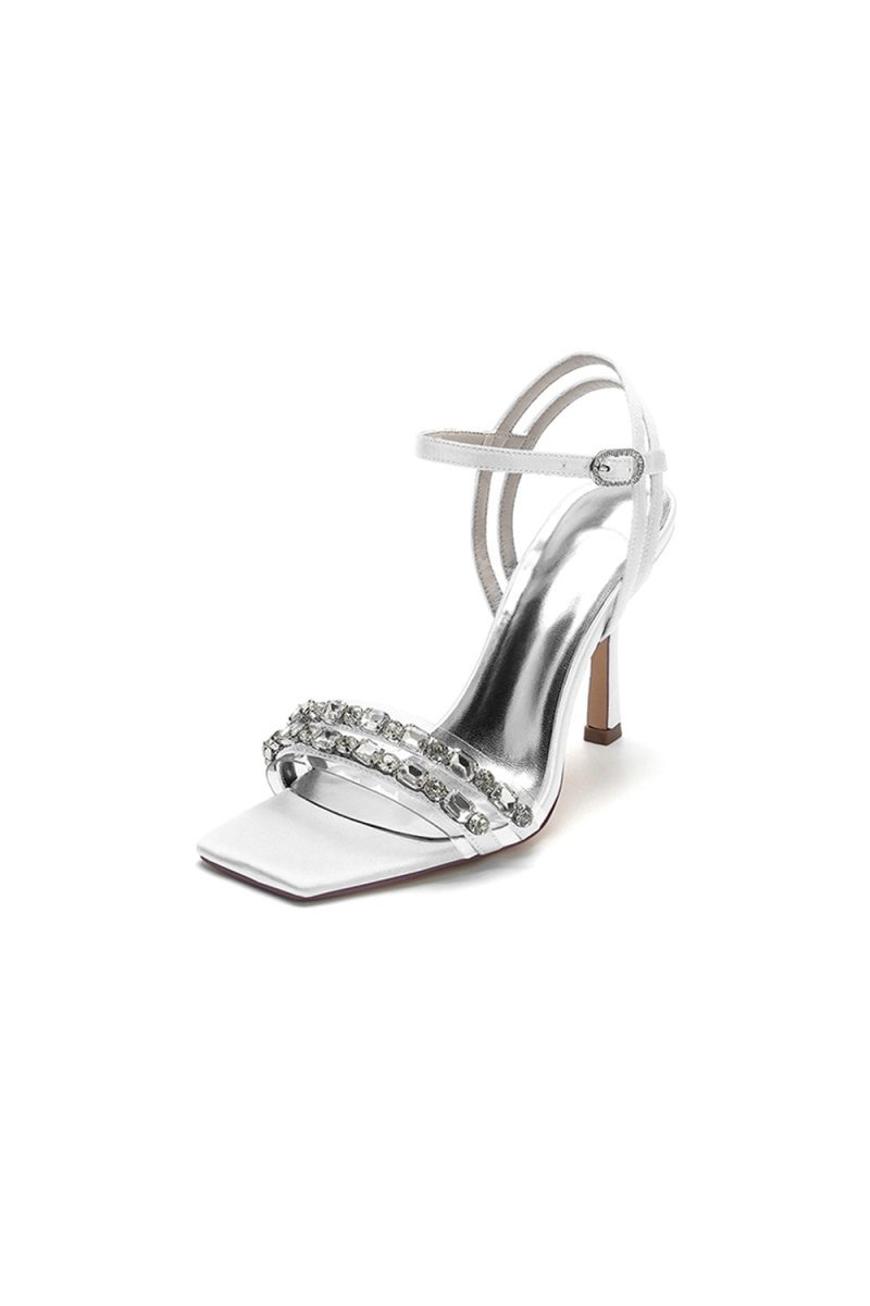 Royal Blue Satin Heels with Double Crystal Straps - BOLODOO
