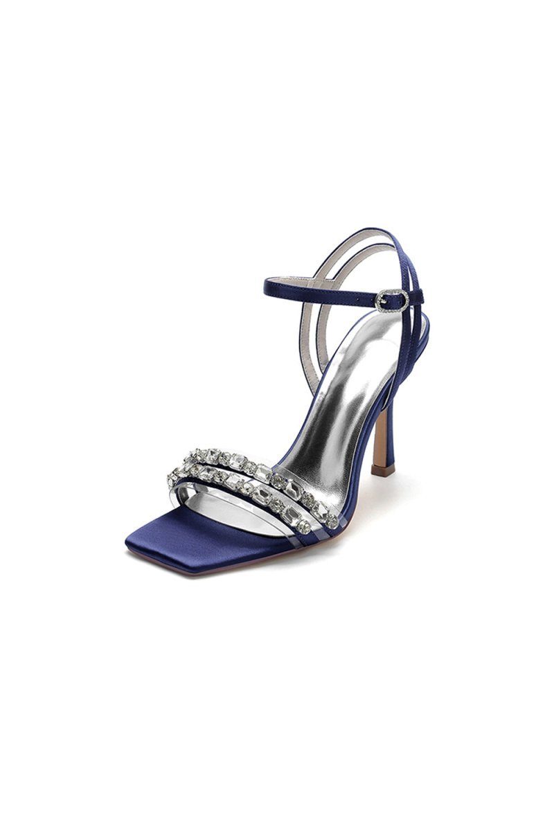 Royal Blue Satin Heels with Double Crystal Straps - BOLODOO