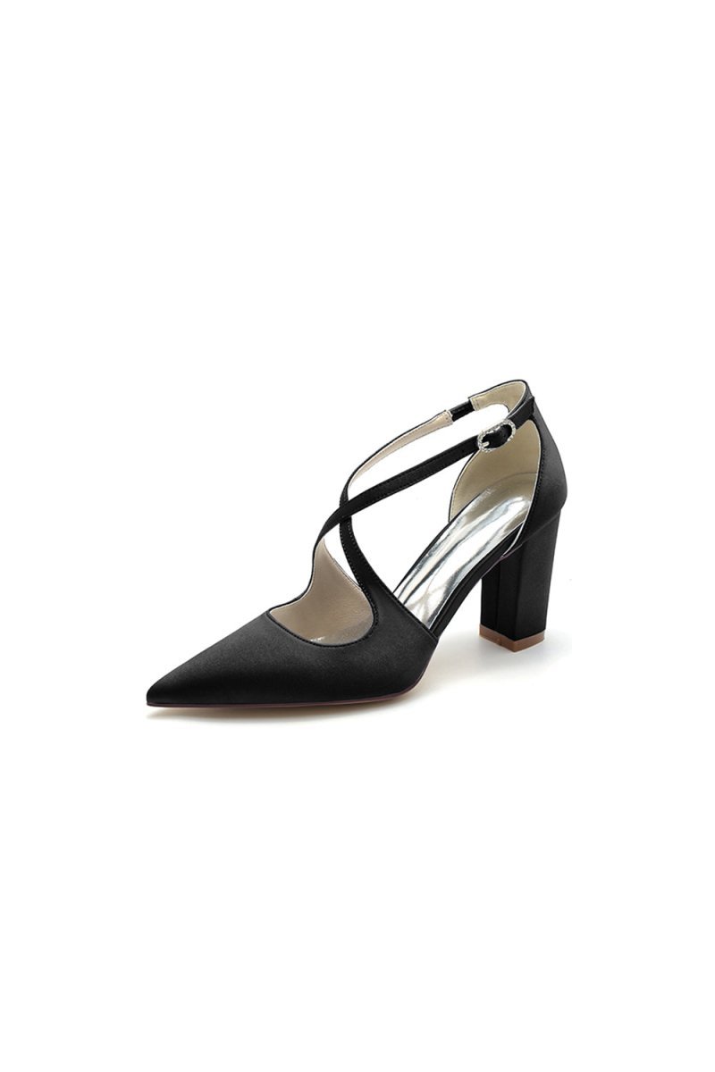 Black Satin Pump with Cross - Strap Design - BOLODOO