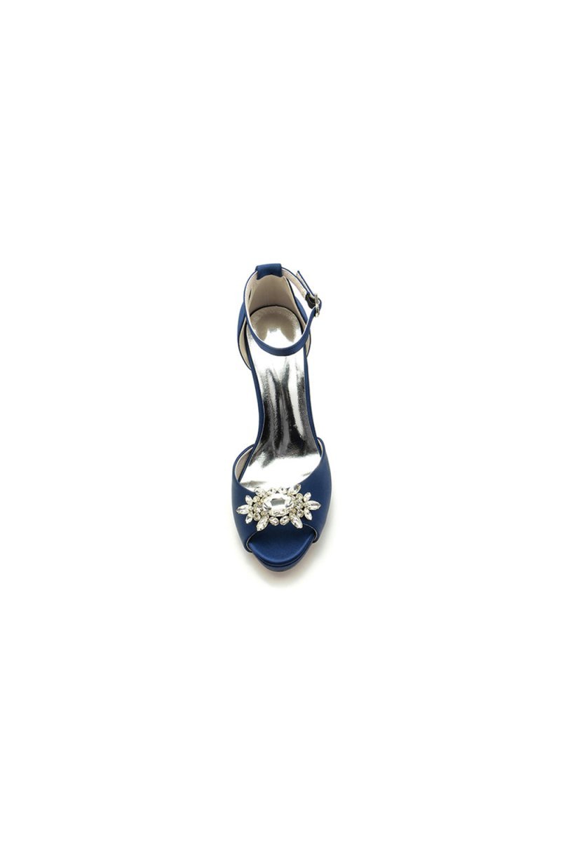 Royal Blue Silk Heels with Crystal Flower Ornament