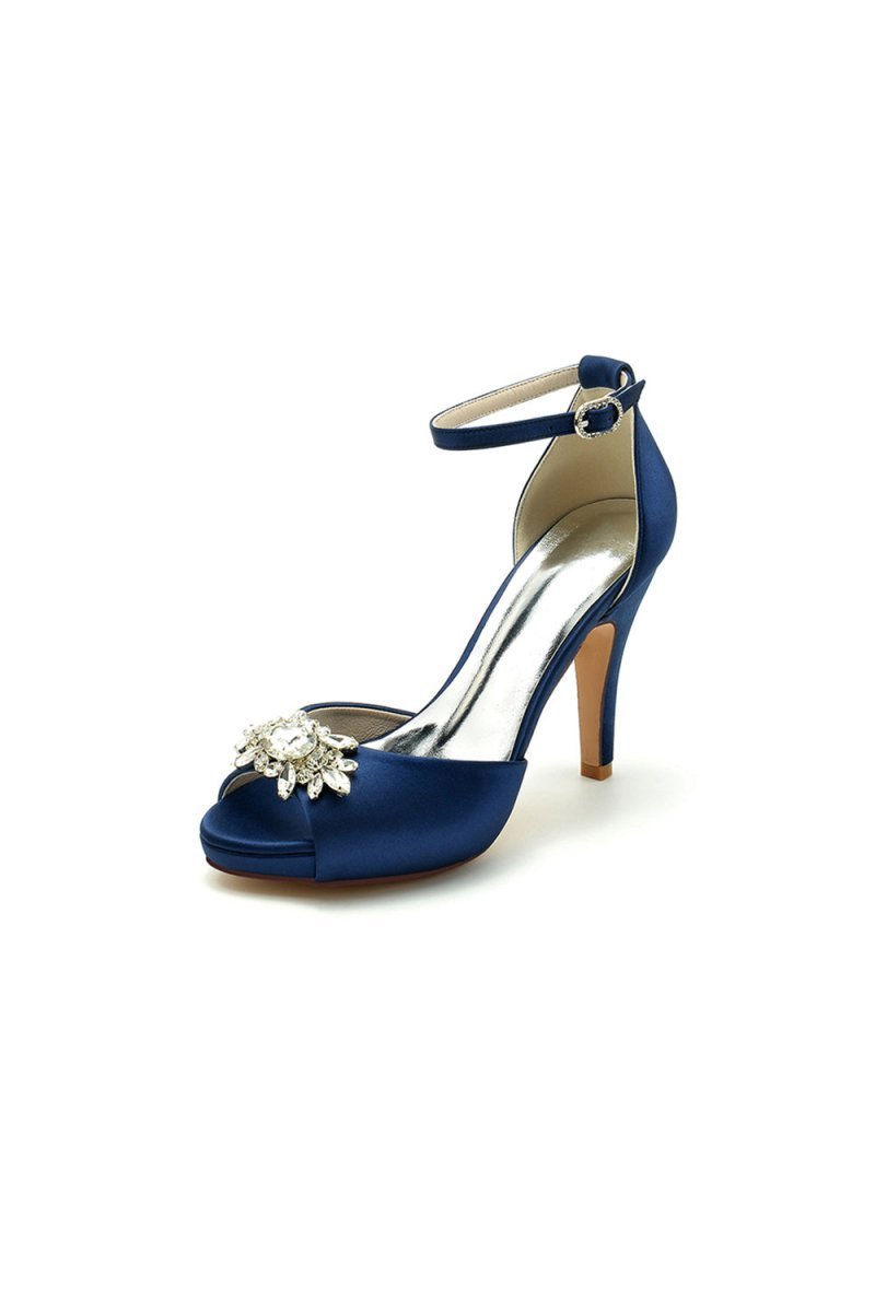 Royal Blue Silk Heels with Crystal Flower Ornament - BOLODOO