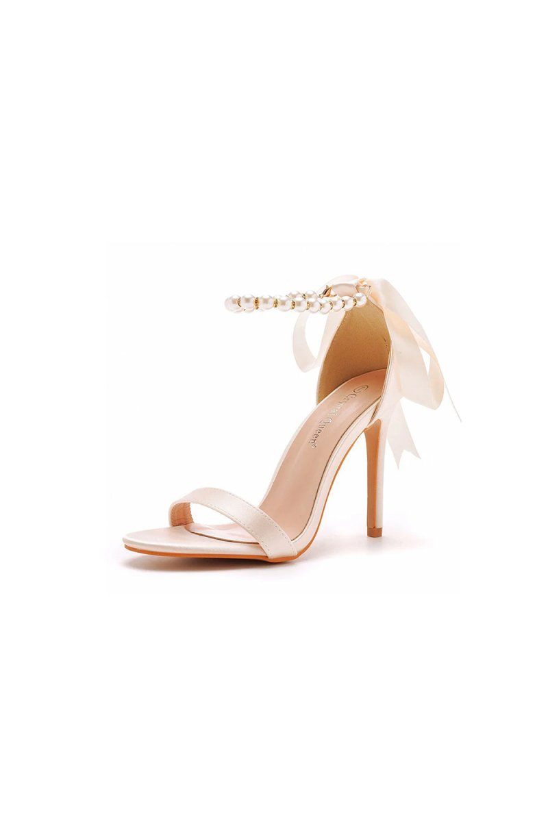 Satin Pearl Open Toe Ankle Strap High Heels - BOLODOO