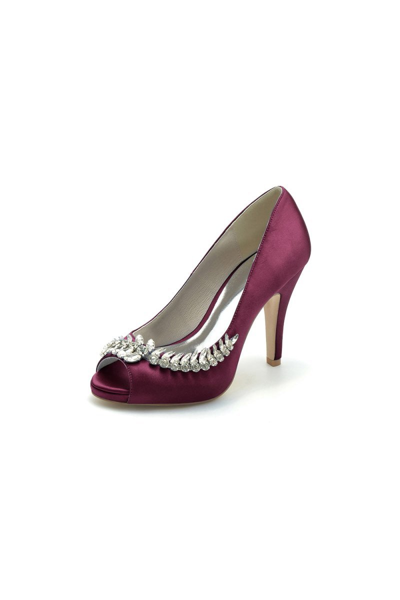 Satin Peep Toe Slip - on Rhinestone High Heels - BOLODOO