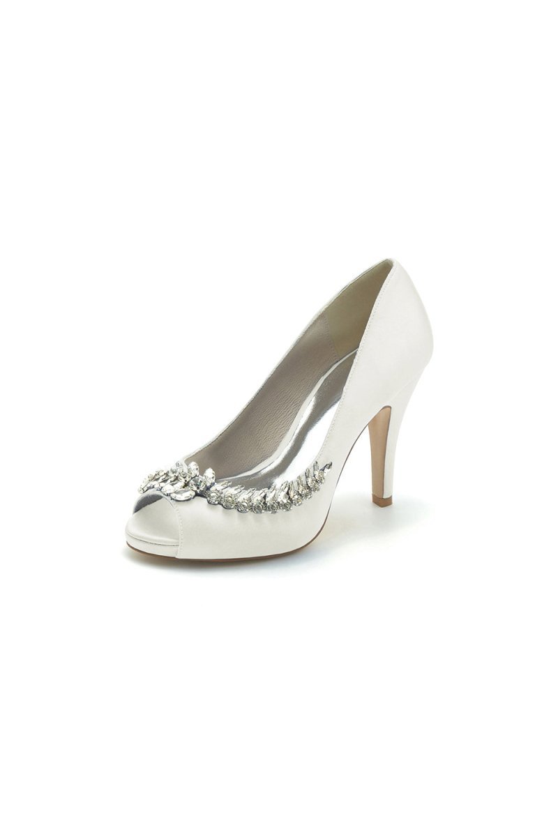 Satin Peep Toe Slip - on Rhinestone High Heels - BOLODOO