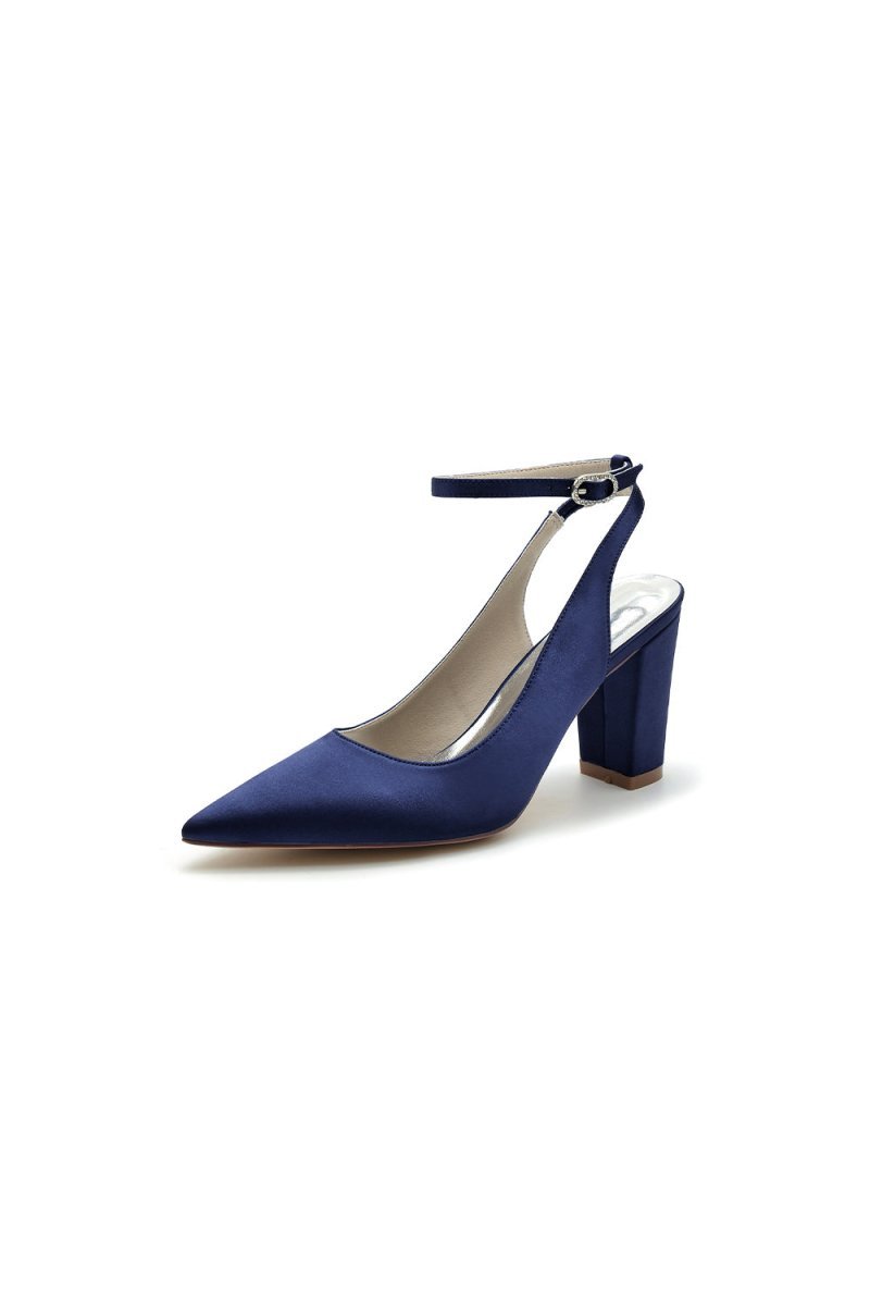 Satin Pointed Toe Ankle Strap Chunky Heels - BOLODOO