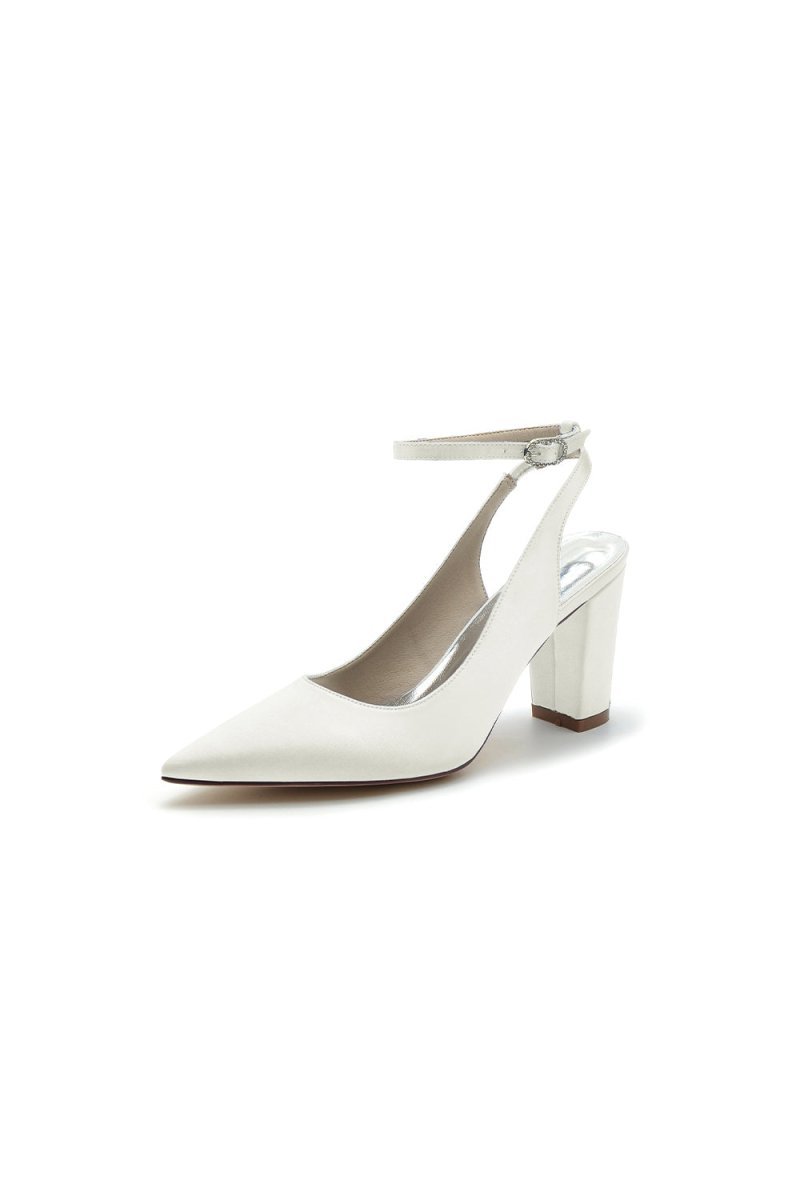 Satin Pointed Toe Ankle Strap Chunky Heels - BOLODOO