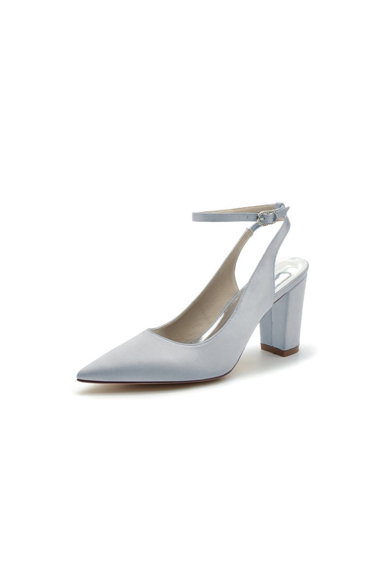 Satin Pointed Toe Ankle Strap Chunky Heels - BOLODOO