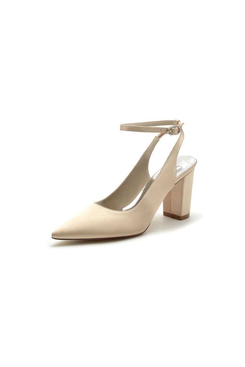 Satin Pointed Toe Ankle Strap Chunky Heels - BOLODOO