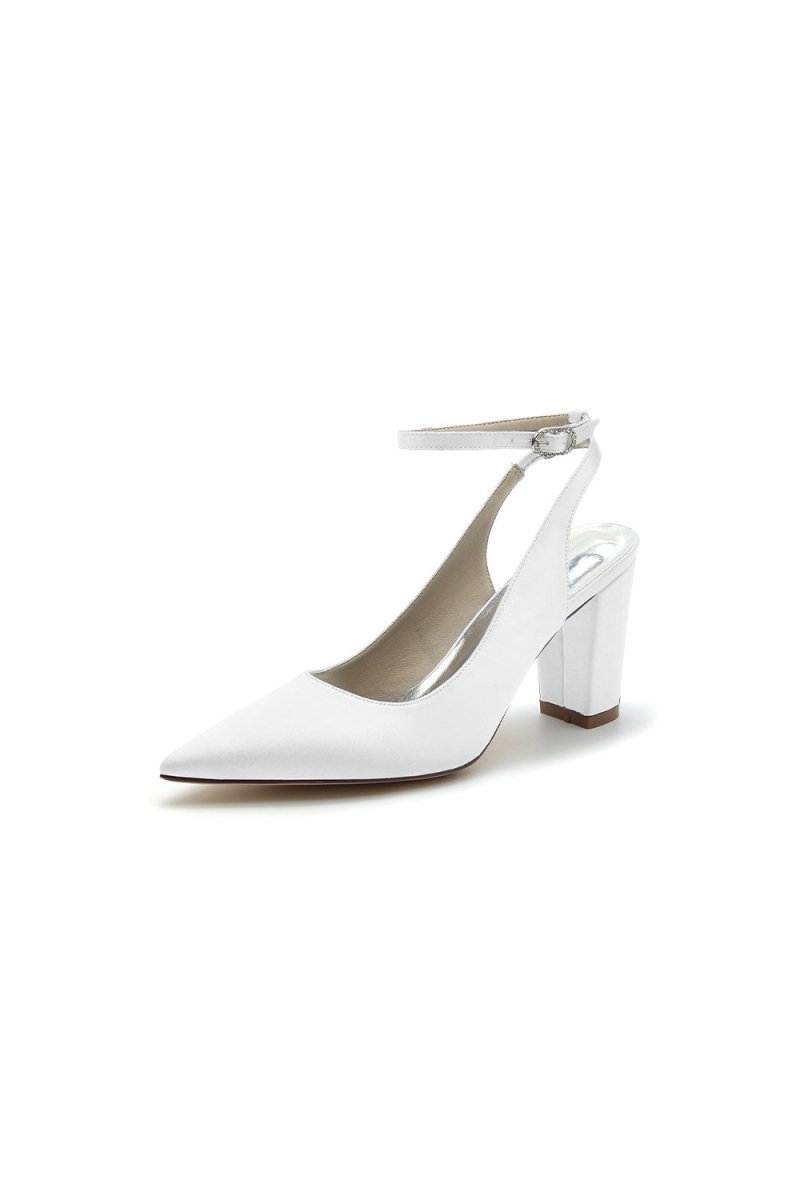 Satin Pointed Toe Ankle Strap Chunky Heels - BOLODOO