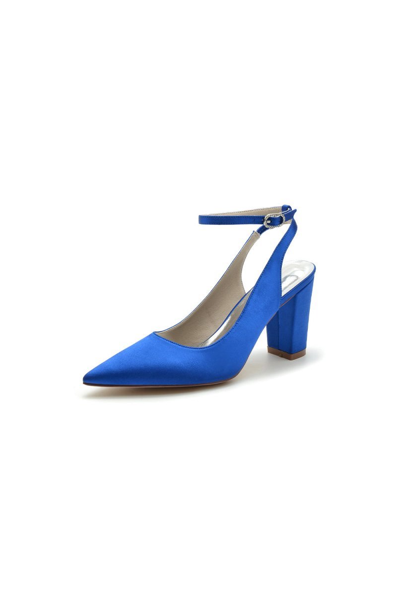 Satin Pointed Toe Ankle Strap Chunky Heels - BOLODOO