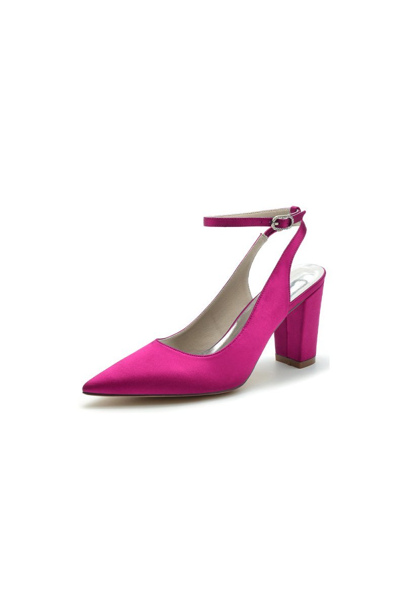 Satin Pointed Toe Ankle Strap Chunky Heels - BOLODOO
