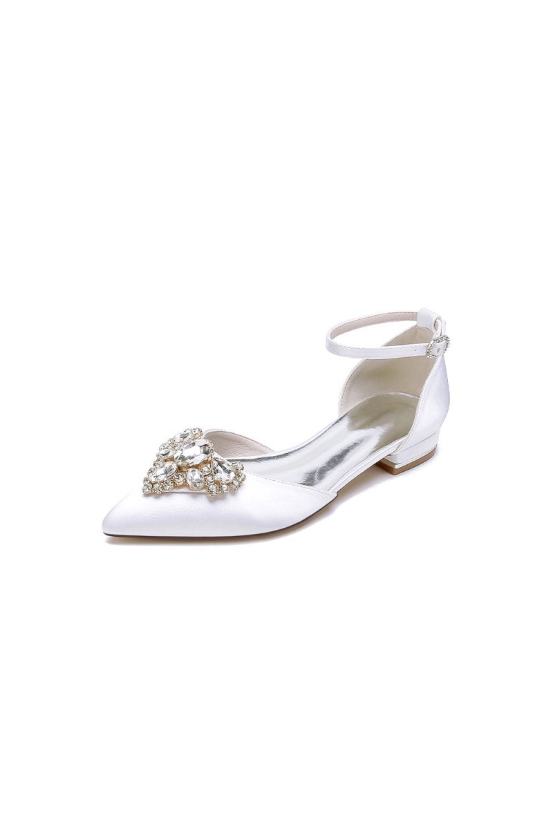 Satin Pointed Toe Ankle Strap Rhinestone Kitten Heels - BOLODOO