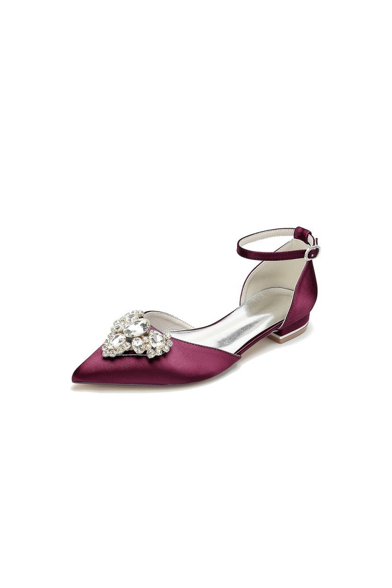 Satin Pointed Toe Ankle Strap Rhinestone Kitten Heels - BOLODOO