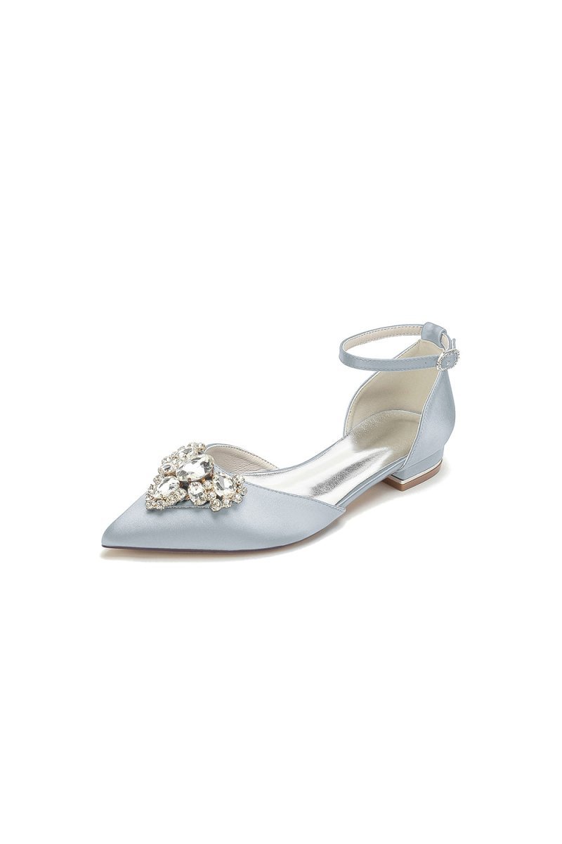 Satin Pointed Toe Ankle Strap Rhinestone Kitten Heels - BOLODOO