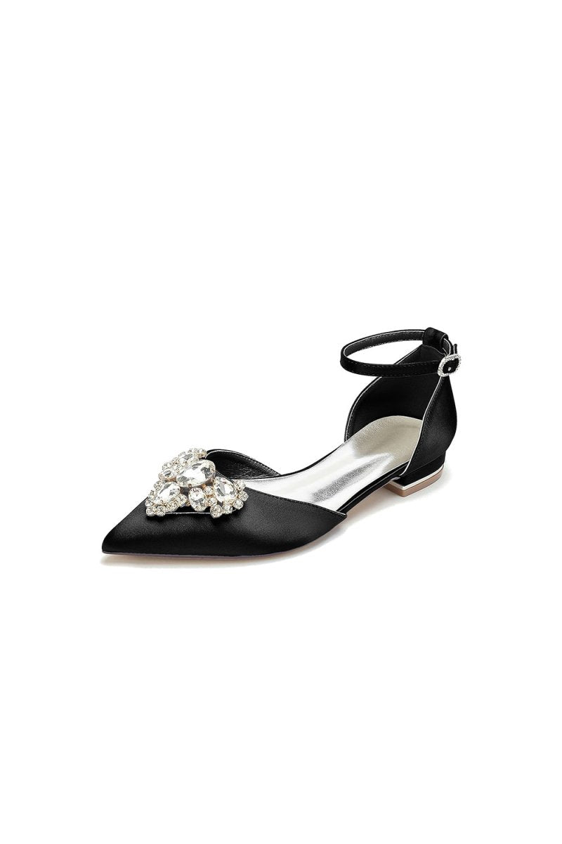 Satin Pointed Toe Ankle Strap Rhinestone Kitten Heels - BOLODOO