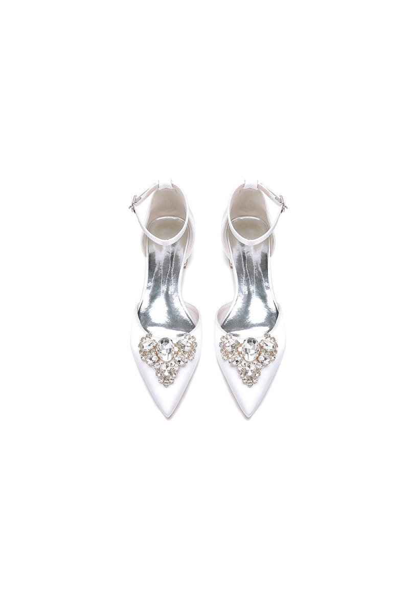 Satin Pointed Toe Ankle Strap Rhinestone Kitten Heels