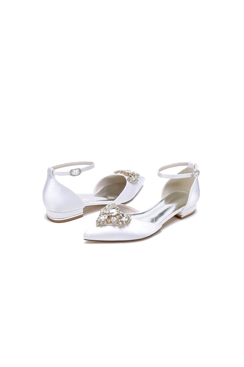Satin Pointed Toe Ankle Strap Rhinestone Kitten Heels