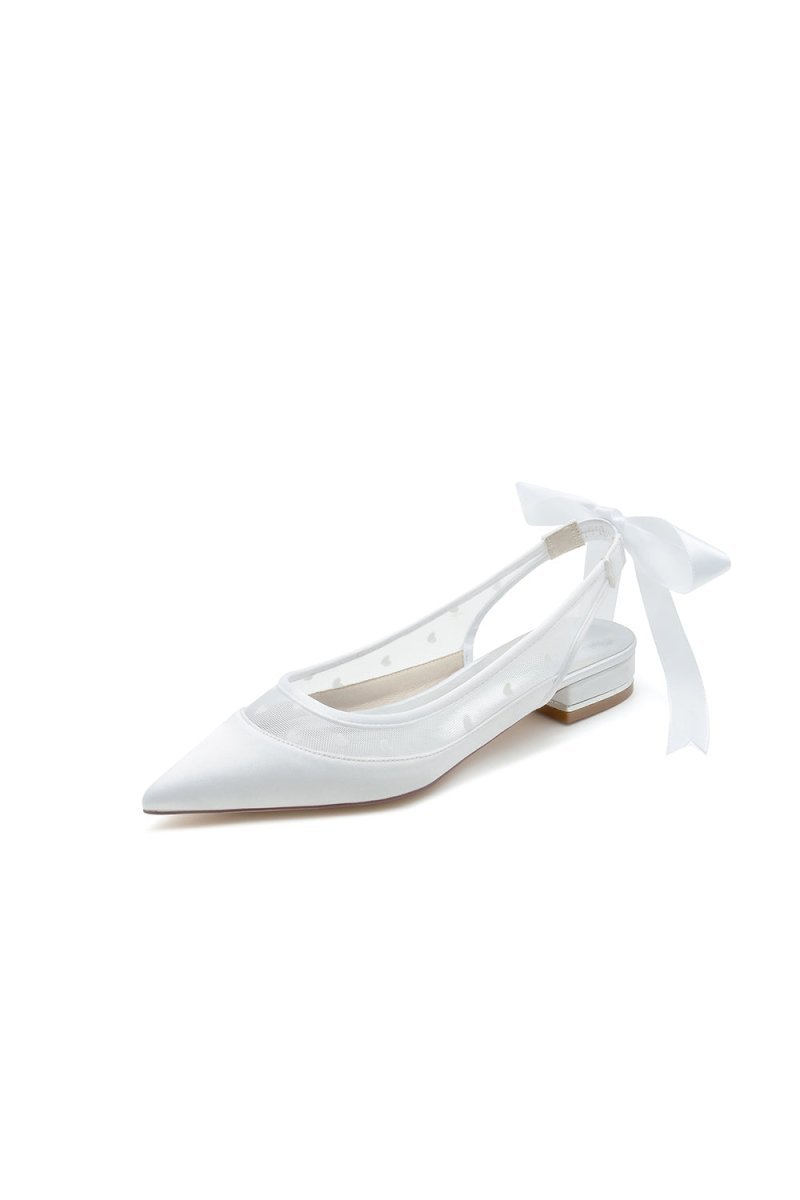 Satin Pointed Toe Mesh Low Heels With Bow - BOLODOO