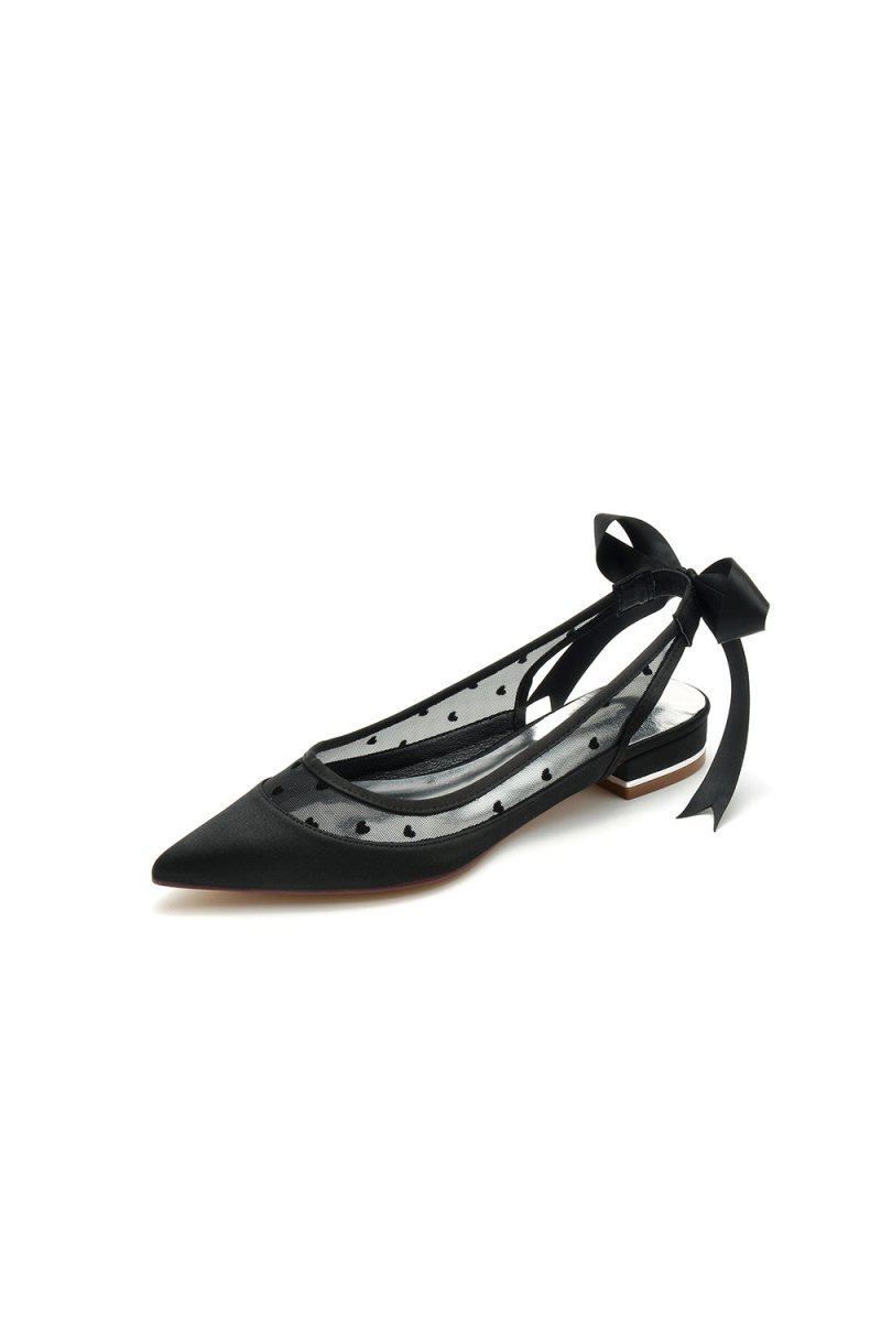 Satin Pointed Toe Mesh Low Heels With Bow - BOLODOO