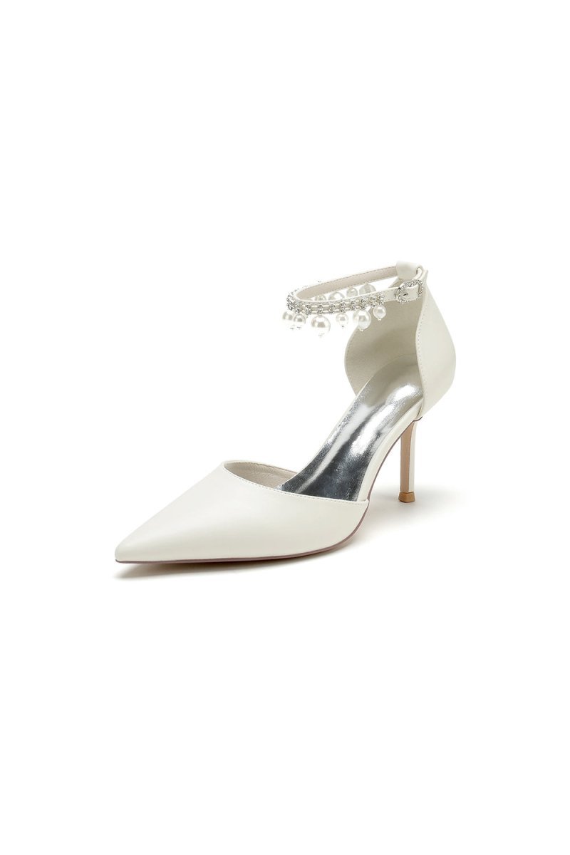 Satin Pointed Toe Pearl Beaded Ankle Strap Simple Wedding Shoes - BOLODOO
