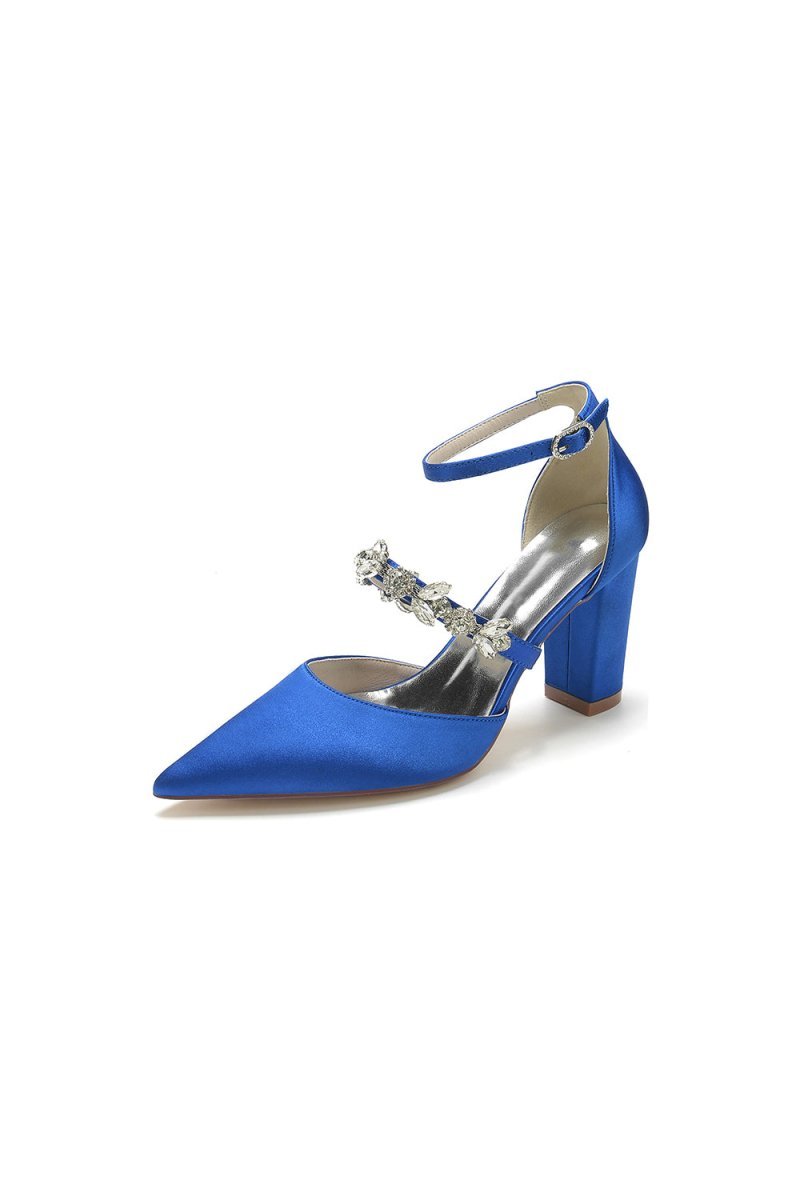 Satin Pointed Toe Rhinestone Strappy Chunky Heels - BOLODOO