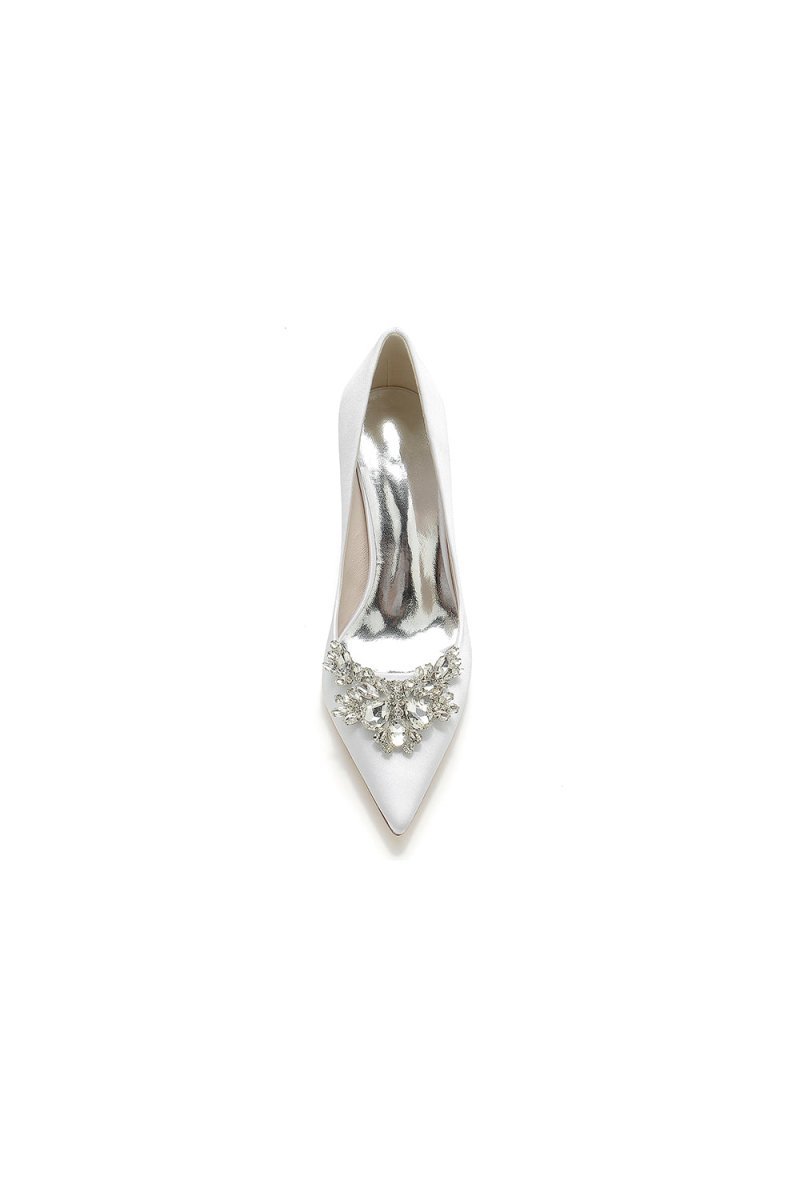 Satin Pointed Toe Slip-on Chunky Heels With Rhinestone