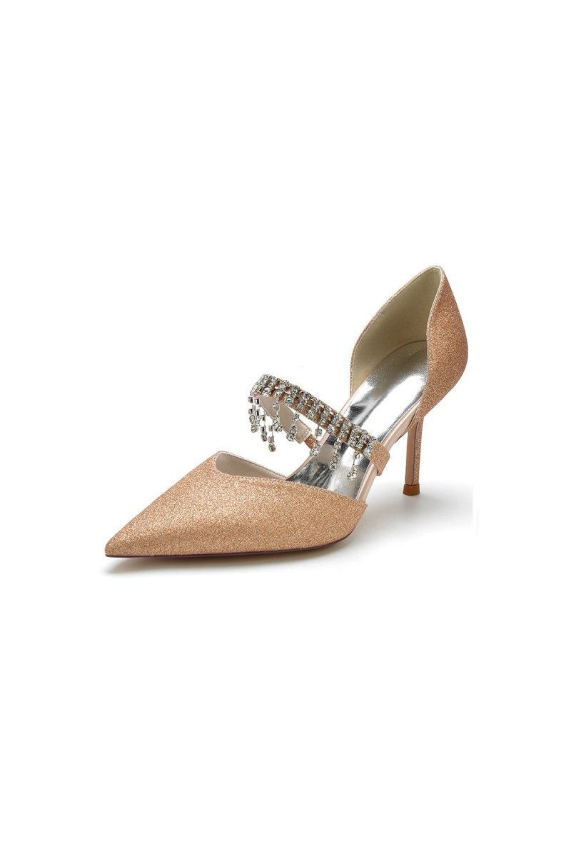 Sequin Crystal Strap Pointed Toe High Heels - BOLODOO