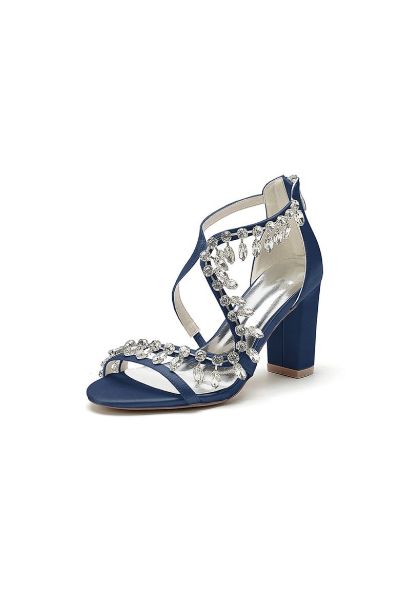 Sexy Open Toe Thin Strap Chunky Heels With Rhinestone - BOLODOO