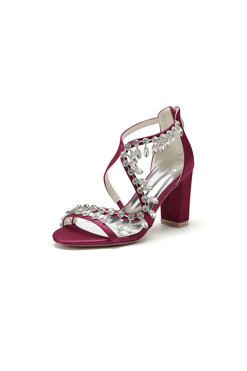 Sexy Open Toe Thin Strap Chunky Heels With Rhinestone - BOLODOO