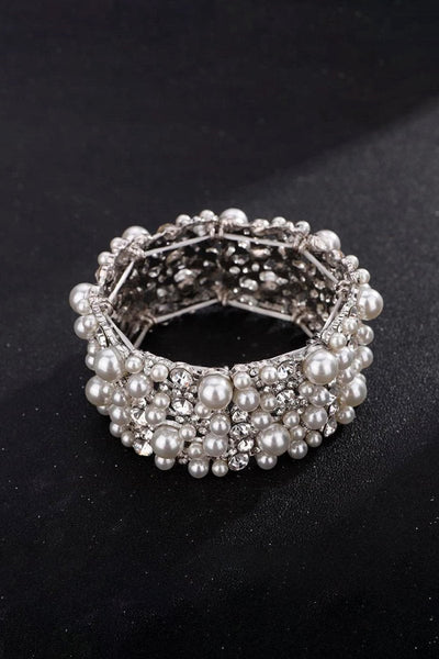Silver Pearl Stretch Bracelets with Rhinestone