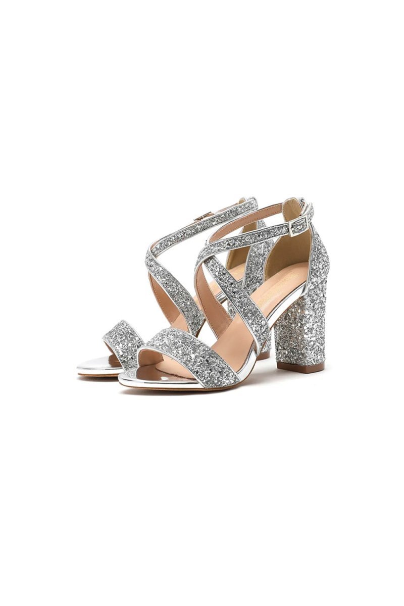Silver Sequined Cross Straps Open Toe Chunky Heels - BOLODOO