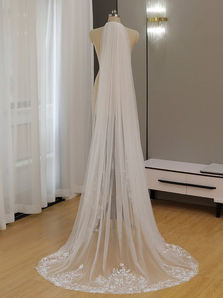 Simple Floral Lace Chapel Train Veil Bridal Veil Wedding Veil - BOLODOO