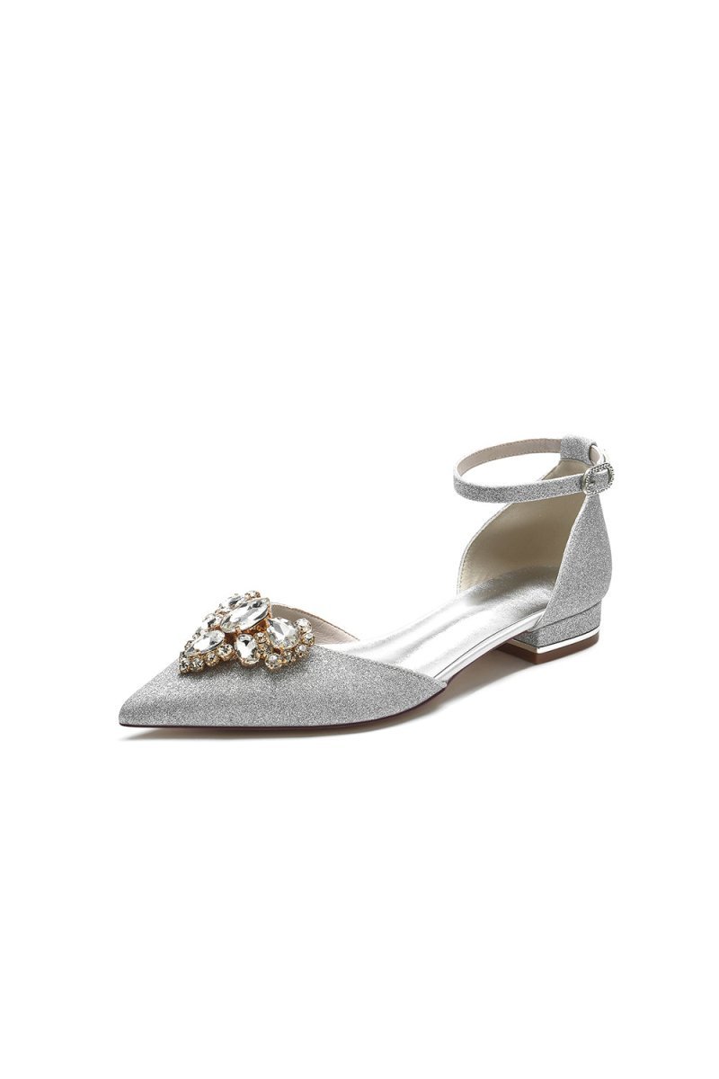 Simple Glitter Pointed Toe Ankle Strap Low Heels with Rhinestone - BOLODOO