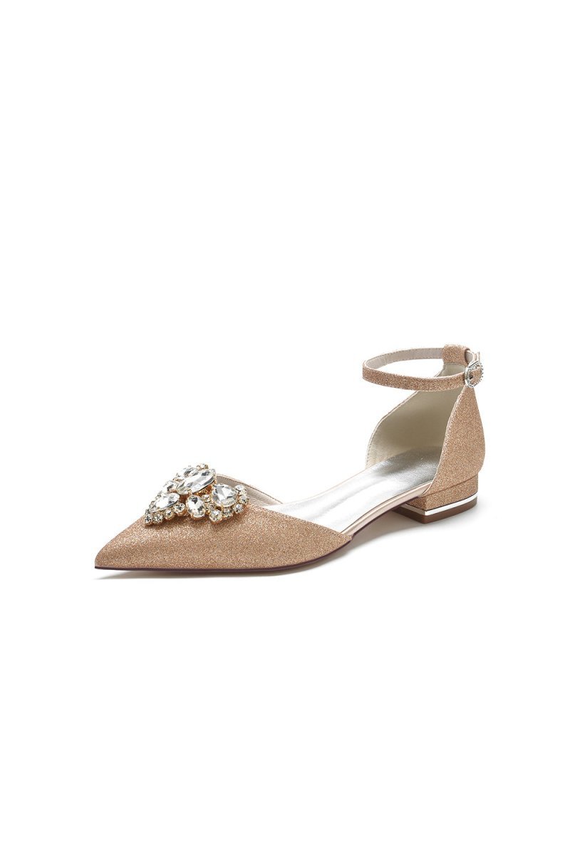 Simple Glitter Pointed Toe Ankle Strap Low Heels with Rhinestone - BOLODOO