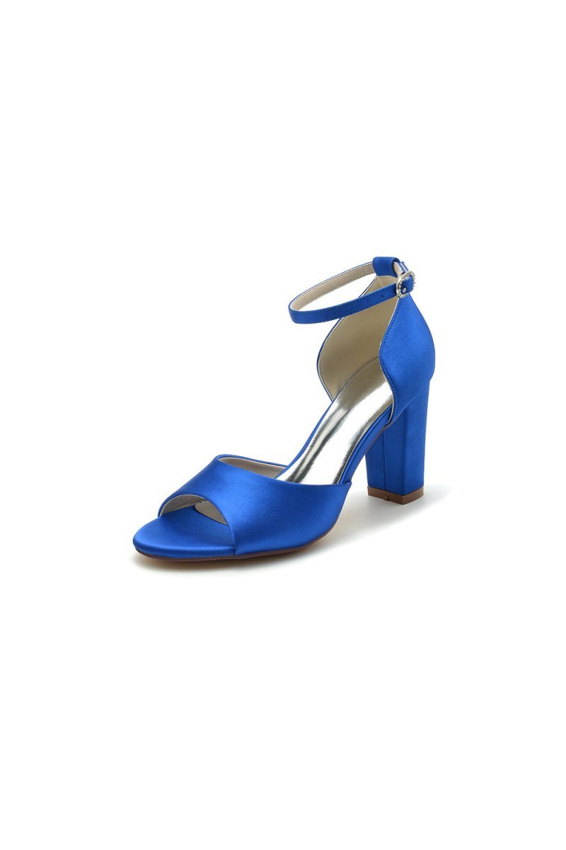 Simple Open Toe Ankle Strap Satin Chunky Heels - BOLODOO