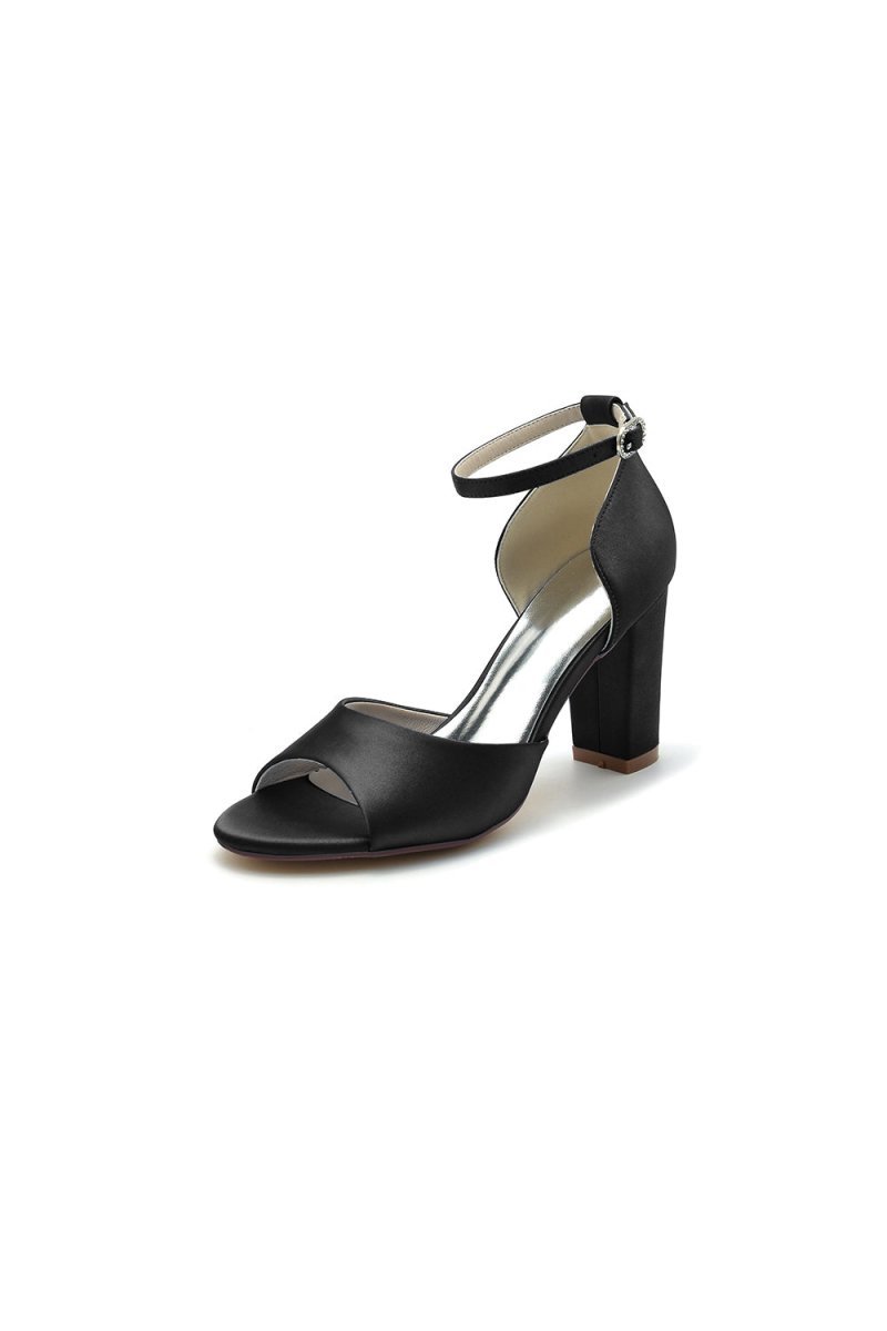 Simple Open Toe Ankle Strap Satin Chunky Heels - BOLODOO