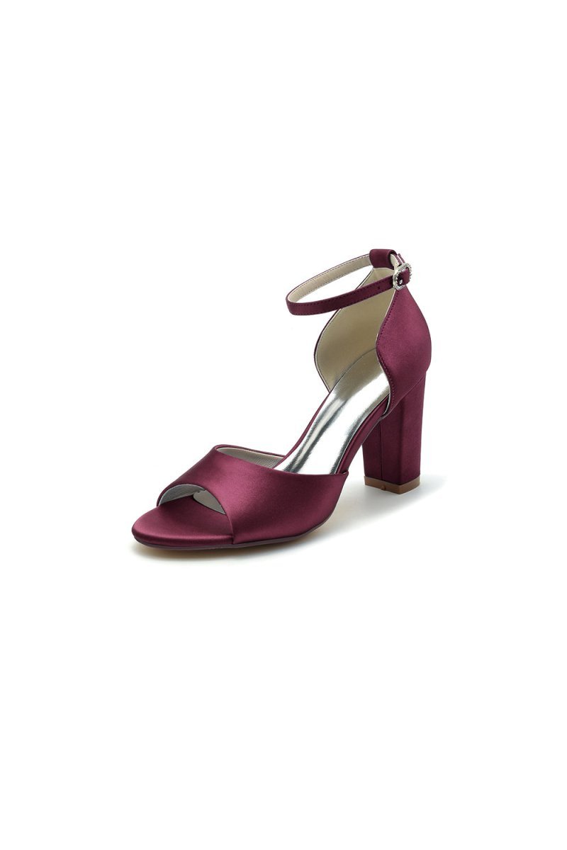 Simple Open Toe Ankle Strap Satin Chunky Heels - BOLODOO