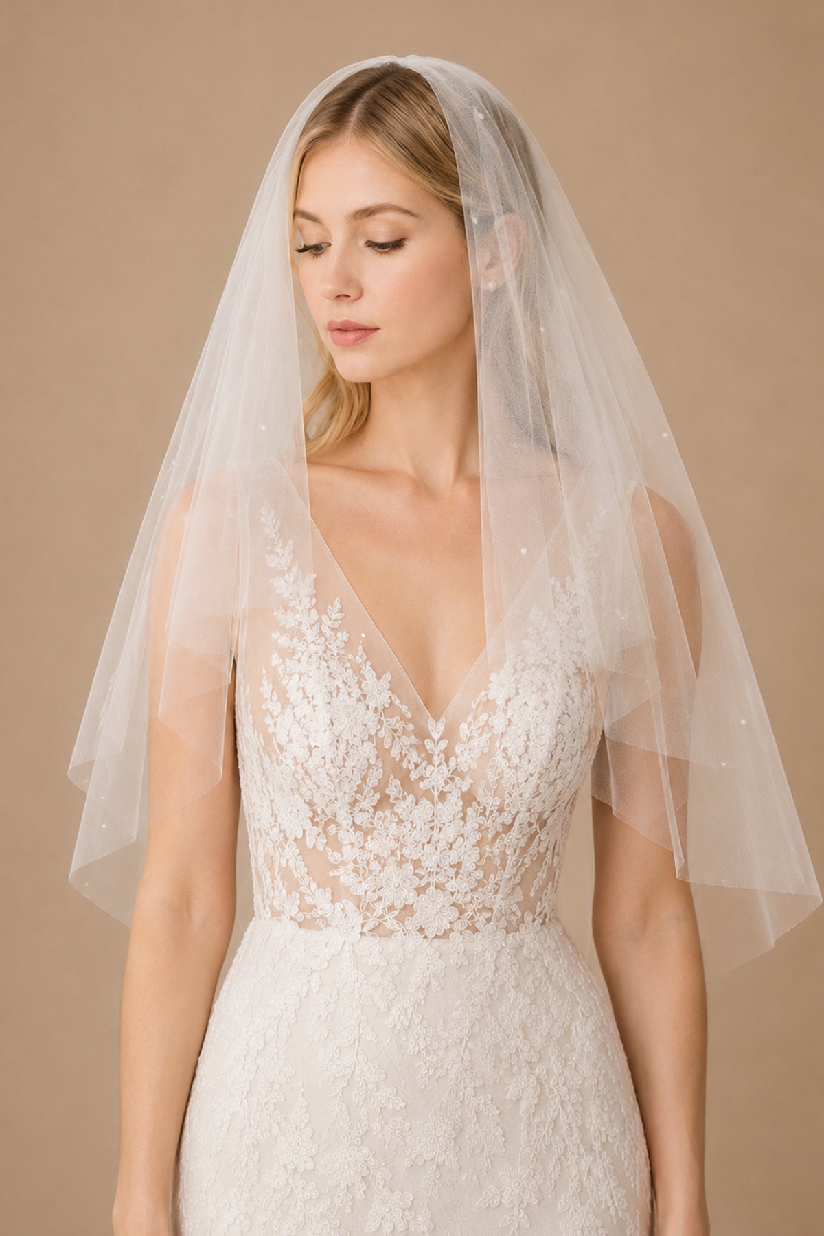 Simple Pearls Tulle Wedding Veil Waist Length in Ivory - BOLODOO Wedding Veils