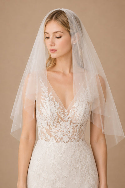 Simple Pearls Tulle Wedding Veil Waist Length in Ivory - BOLODOO Wedding Veils