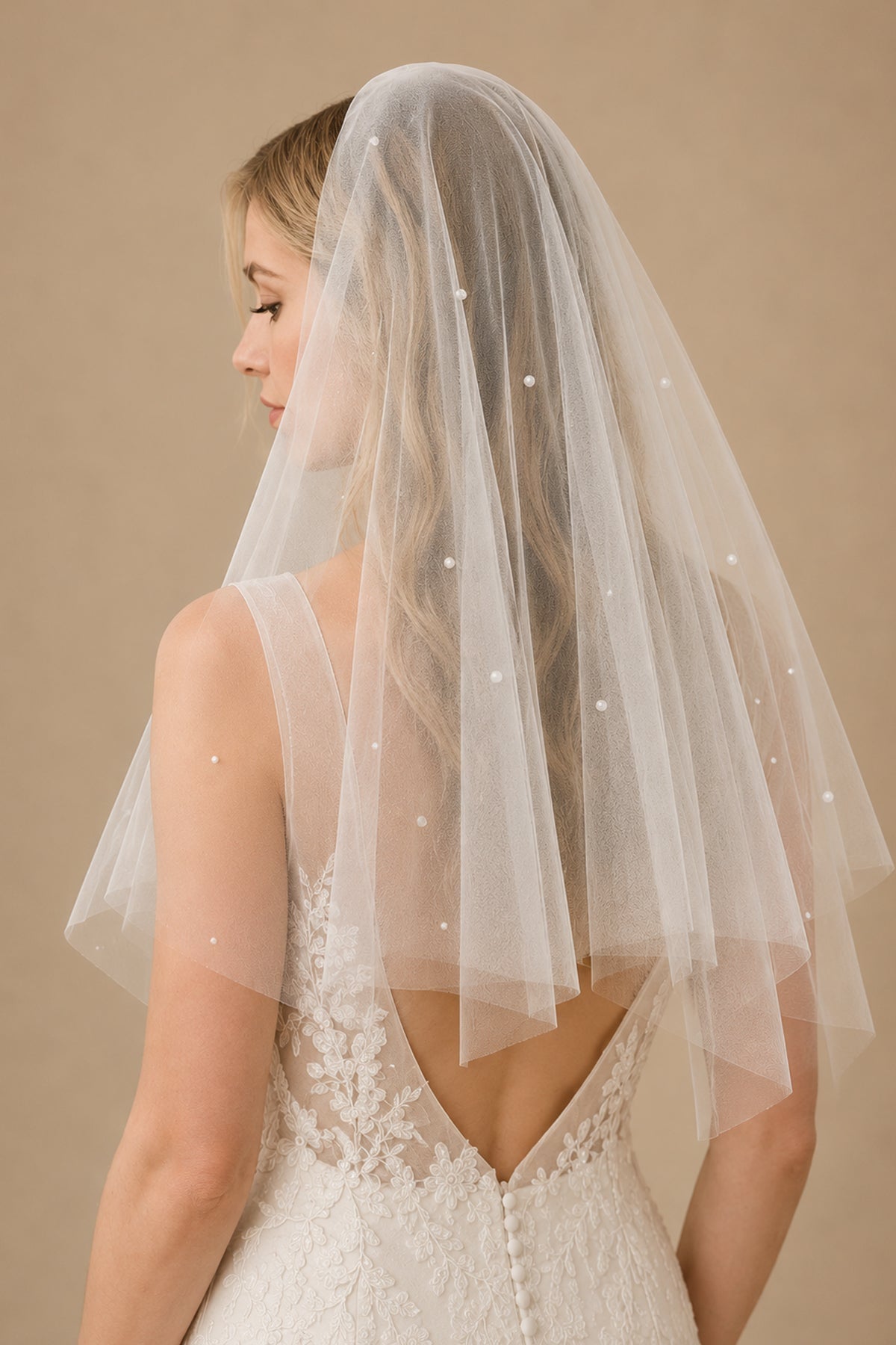 Simple Pearls Tulle Wedding Veil Waist Length in Ivory