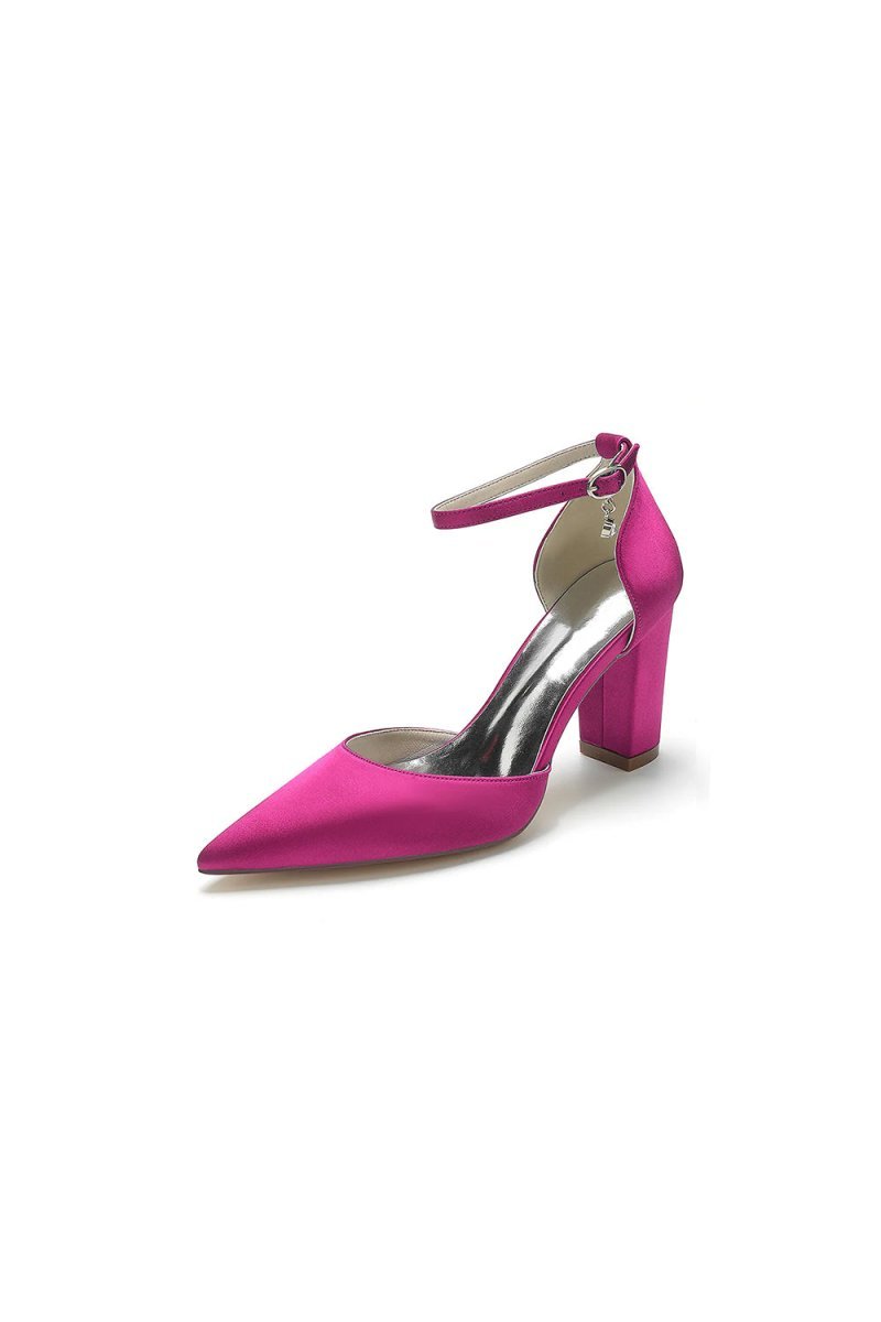 Simple Satin Pointed Toe Ankle Strap Chunky Heel - BOLODOO